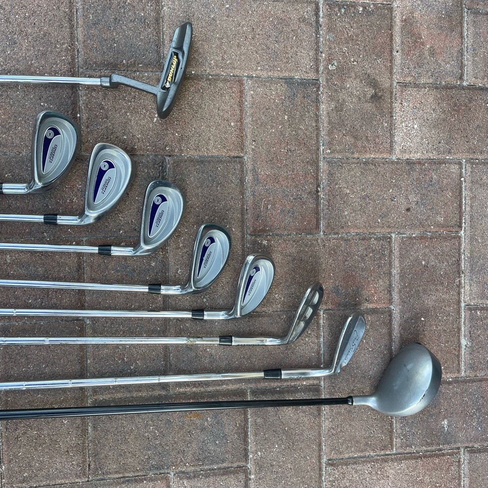 Mens golf set 9 pc in right handed , Ram irons , Dunlop putter